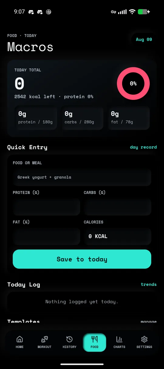 Foundry food screen showing calorie total, protein/carbs/fat targets, and quick entry