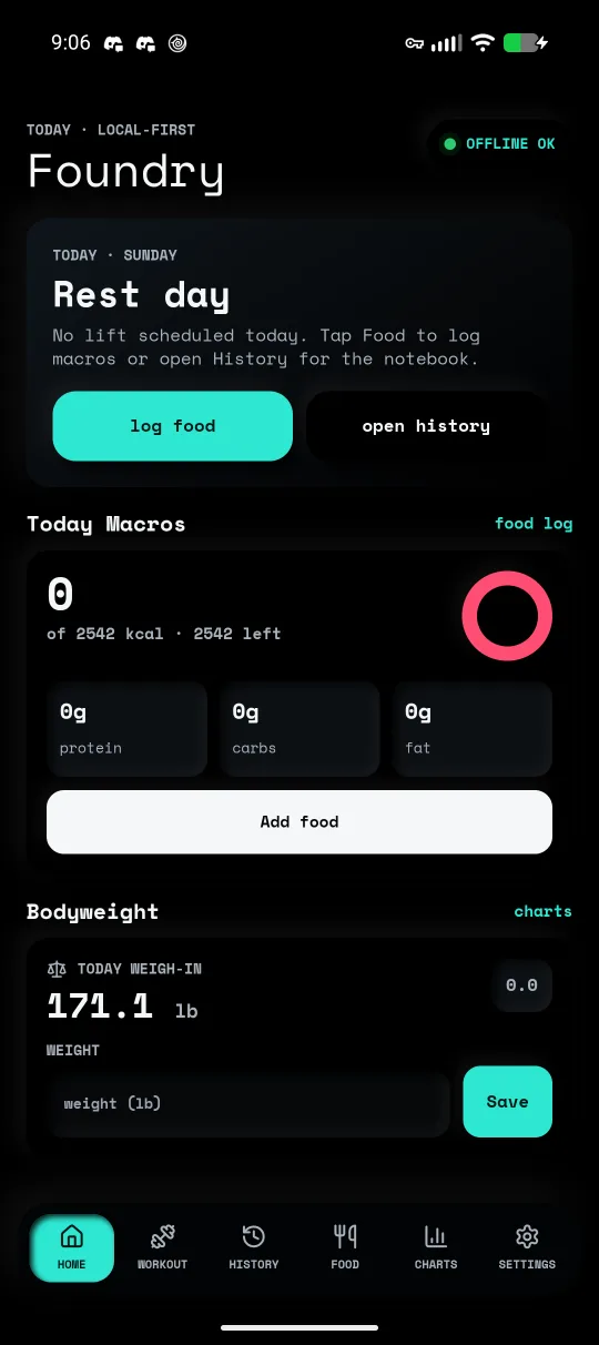 Foundry home screen showing today's rest-day plan, macro ring, and bodyweight weigh-in