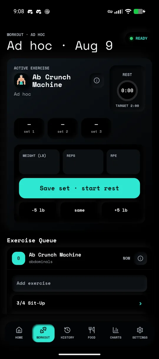 Foundry set-logging screen with weight, reps, and RPE inputs plus a rest timer
